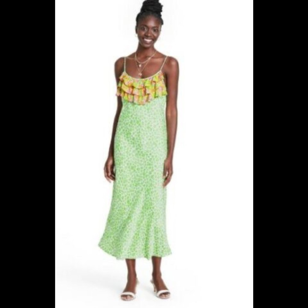 Rixo Green Leopard Sleeveless Ruffle Slip Dress (NWT) - Picture 3 of 5